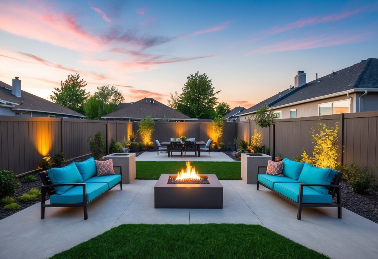 A backyard with separate entertainment zones: a fire pit area, a dining space, and a lounge area with low-maintenance landscaping and outdoor furniture