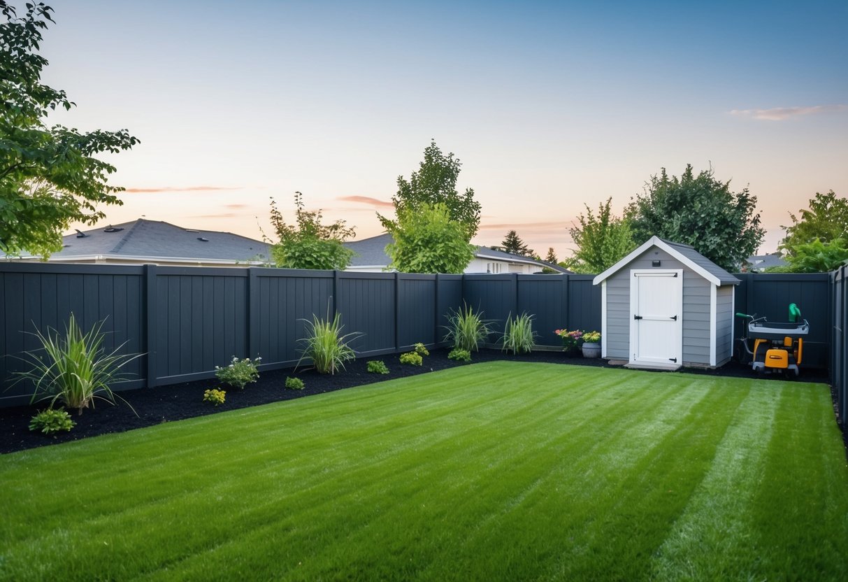 A neatly trimmed lawn with minimal plants and simple landscaping, surrounded by a low-maintenance fence and a small shed for tools