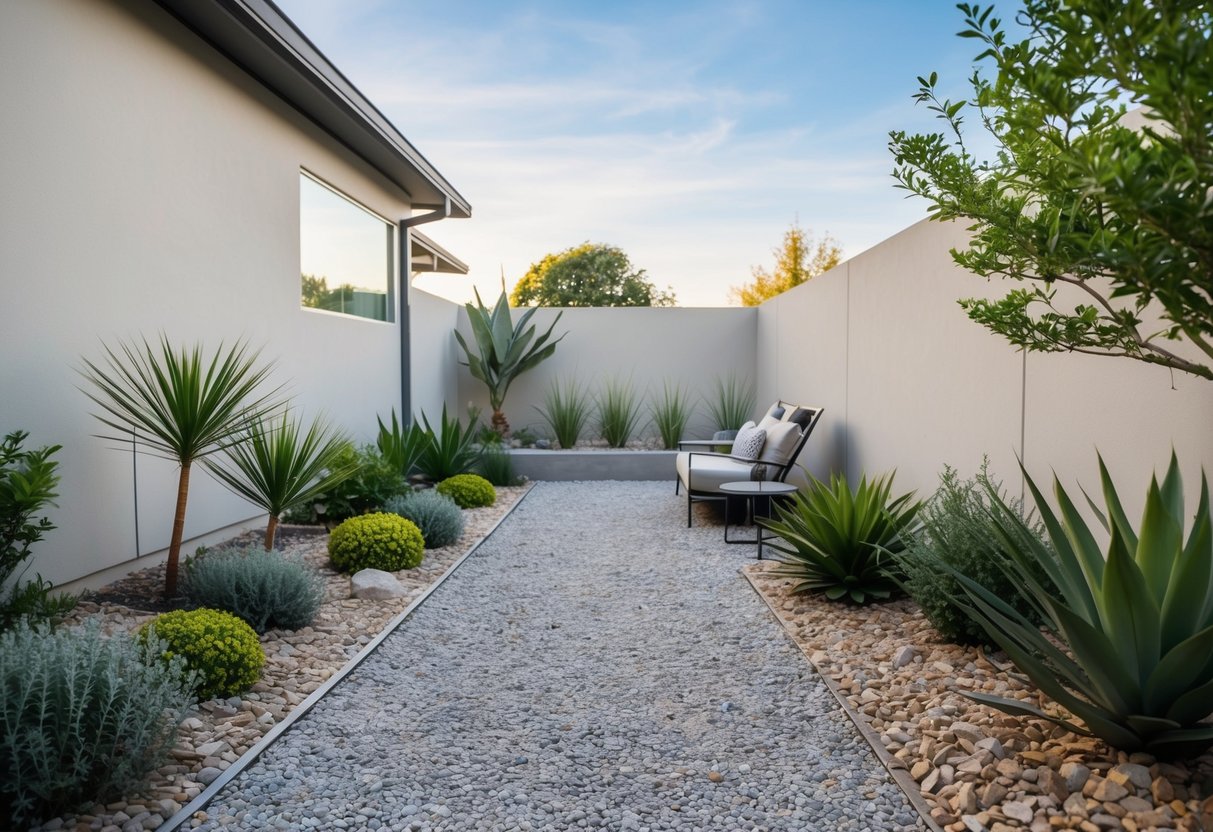 A serene backyard with minimalistic landscaping, including native plants, gravel pathways, and a small seating area