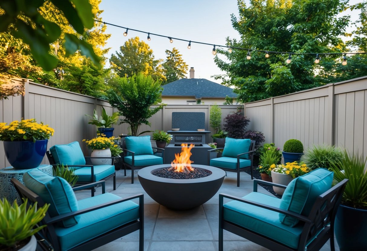 A backyard with a variety of low-maintenance accessories such as potted plants, outdoor furniture, a fire pit, and a focal point like a water feature or sculpture