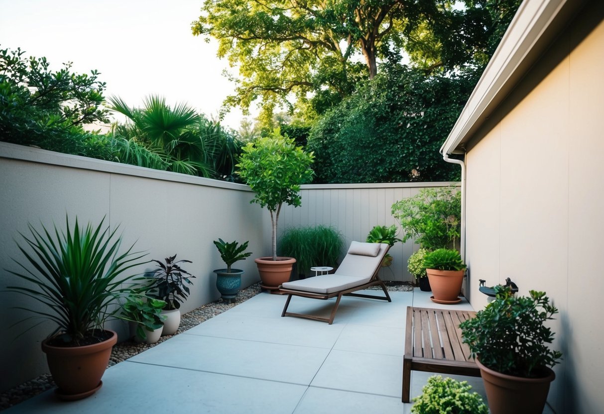 A serene backyard with minimal landscaping, a small patio, and potted plants. A hammock or lounge chair provides a spot for relaxation