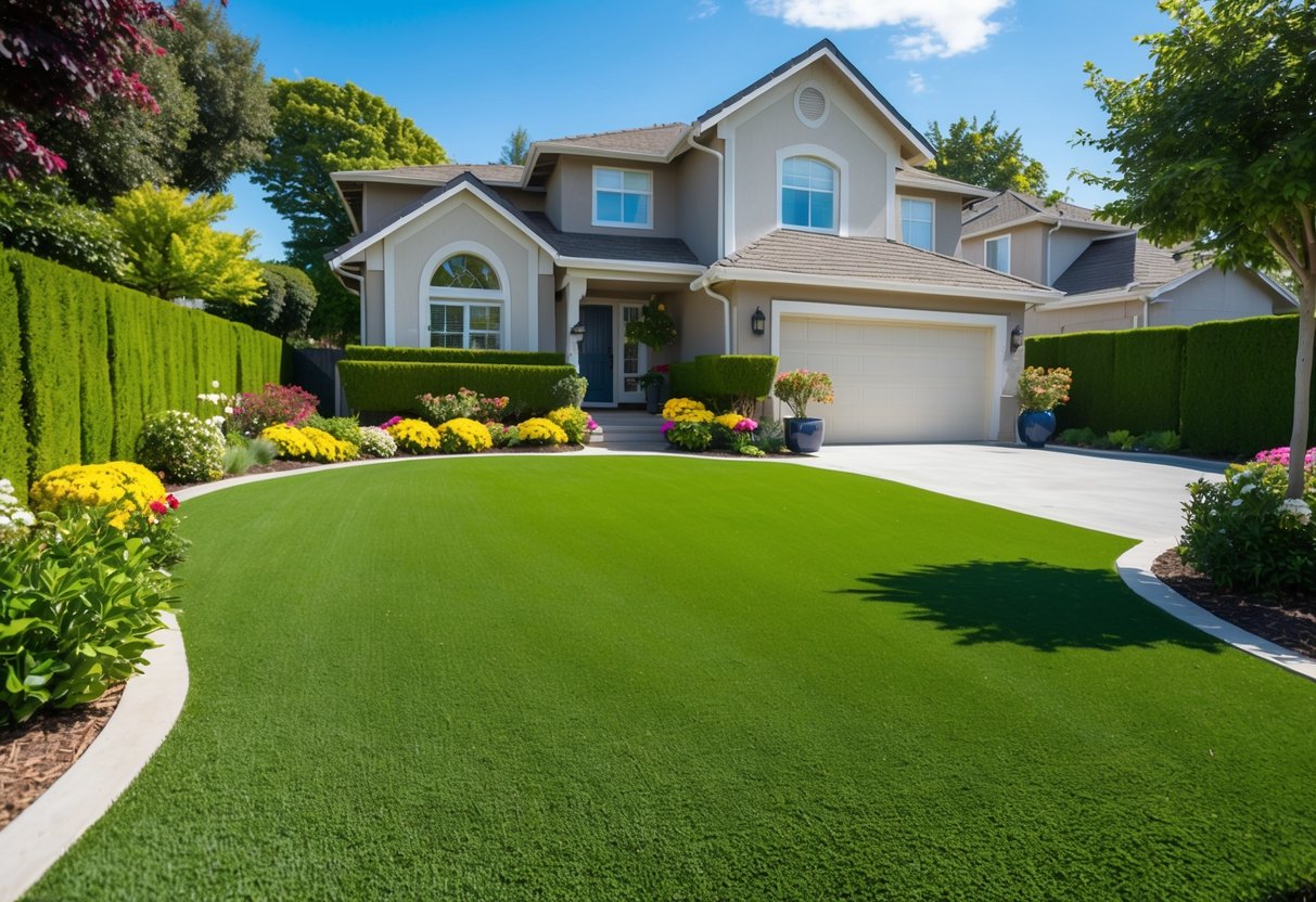 A suburban home with a well-maintained artificial turf lawn, surrounded by neatly trimmed hedges and colorful flowers. The sun is shining, and the house looks inviting and well-cared for