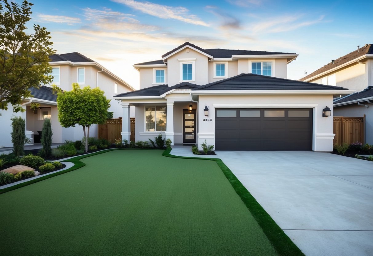 A suburban house with a well-maintained artificial turf lawn, surrounded by landscaped gardens and a clean, modern exterior