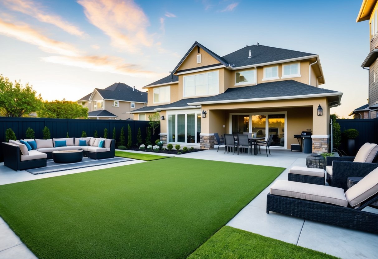 A suburban home with a neatly manicured artificial turf lawn, surrounded by well-maintained landscaping and modern outdoor furniture