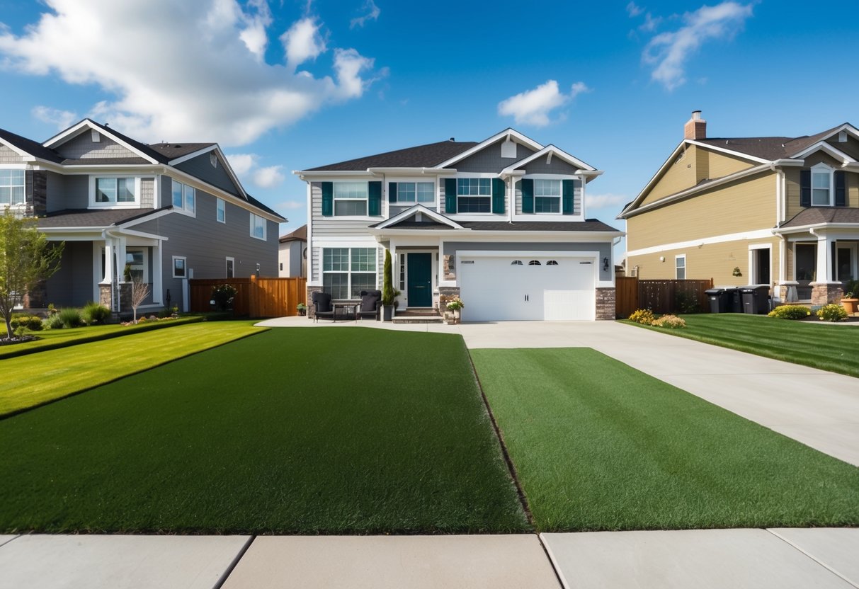 A suburban house with a well-maintained yard featuring artificial turf, surrounded by other homes with natural grass lawns