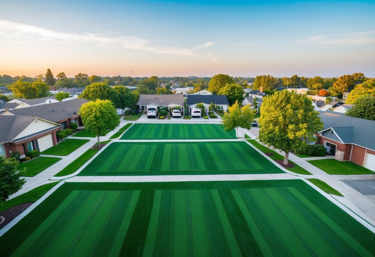 A suburban neighborhood with green artificial turf yards, surrounded by trees and clean air, with a mix of residential and commercial properties