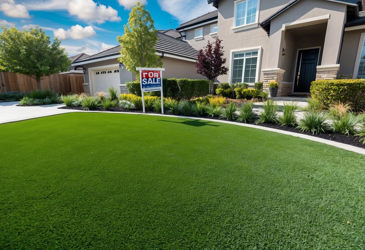 A neatly manicured artificial turf lawn surrounded by well-maintained landscaping and a modern home, with a "For Sale" sign in the front yard