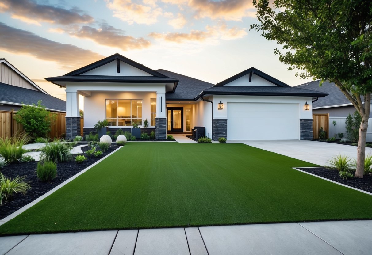 A suburban house with a well-maintained artificial turf lawn, surrounded by a neat garden and modern landscaping features