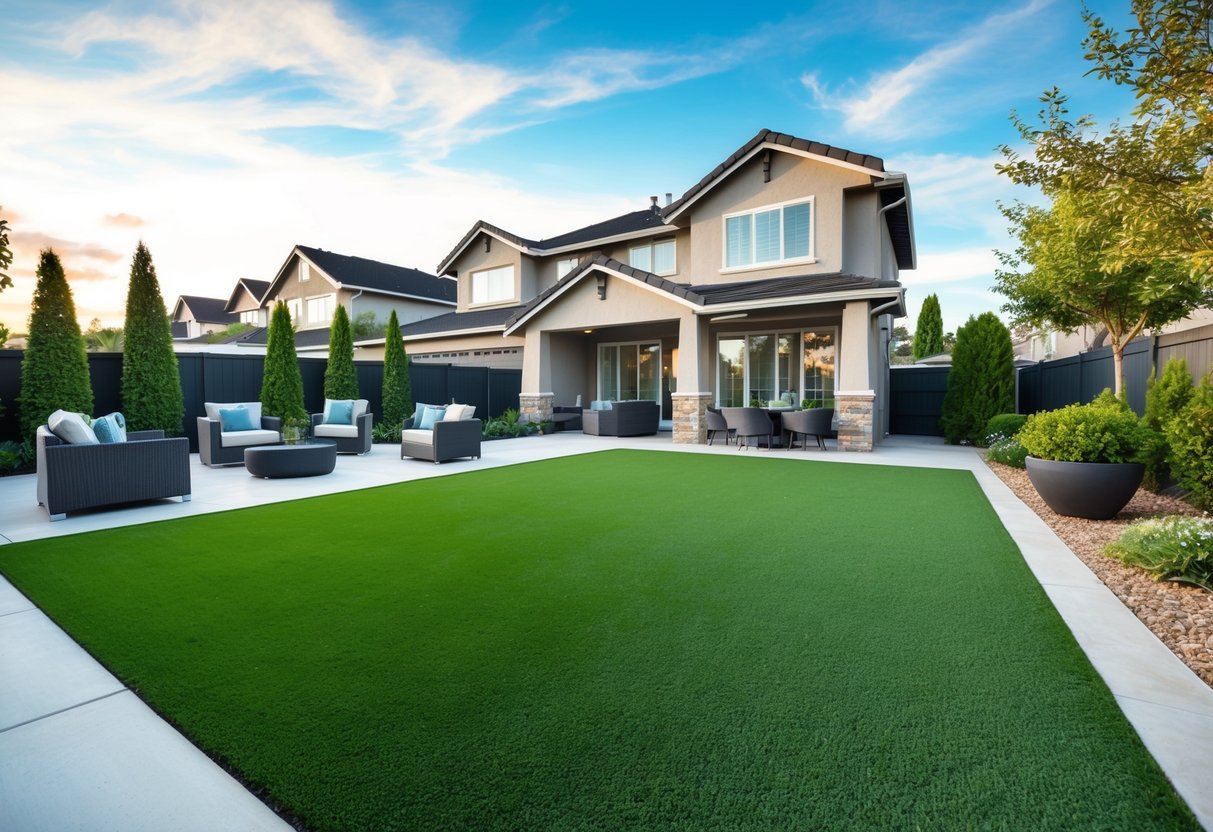 A suburban home with a meticulously maintained artificial turf lawn, surrounded by well-manicured landscaping and modern outdoor furniture