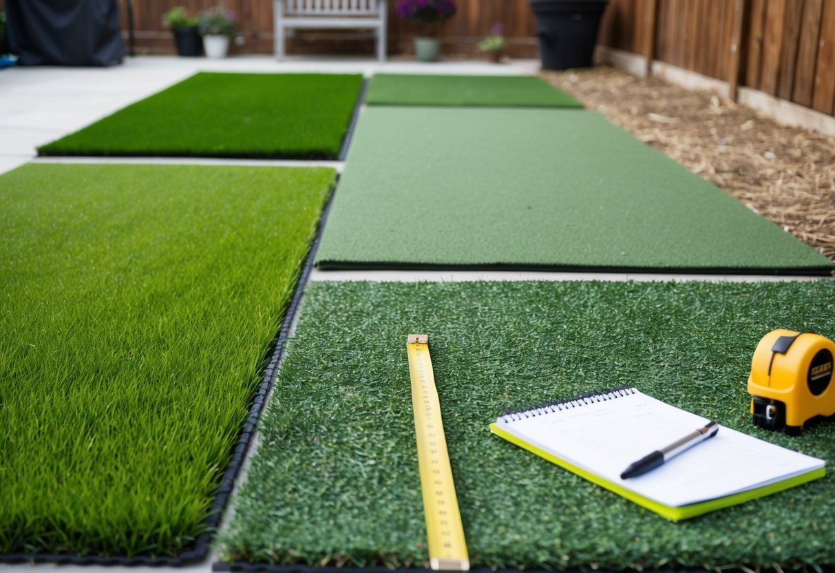 A backyard with various types of artificial turf samples laid out on the ground. A measuring tape, notepad, and pen are nearby for comparison and note-taking