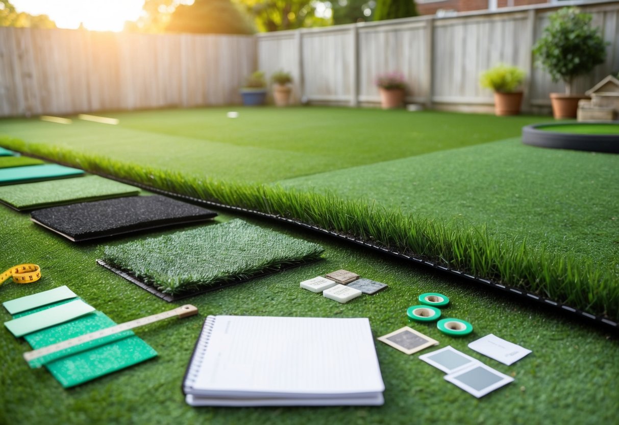 A backyard with various types of artificial turf laid out for assessment. A tape measure, samples, and a notebook are scattered around for decision-making