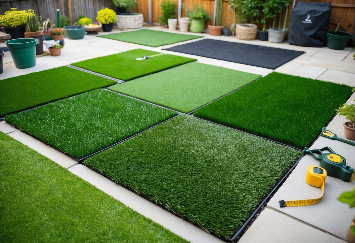 A backyard with various types of artificial turf laid out, each with different textures and shades of green, surrounded by garden tools and a measuring tape