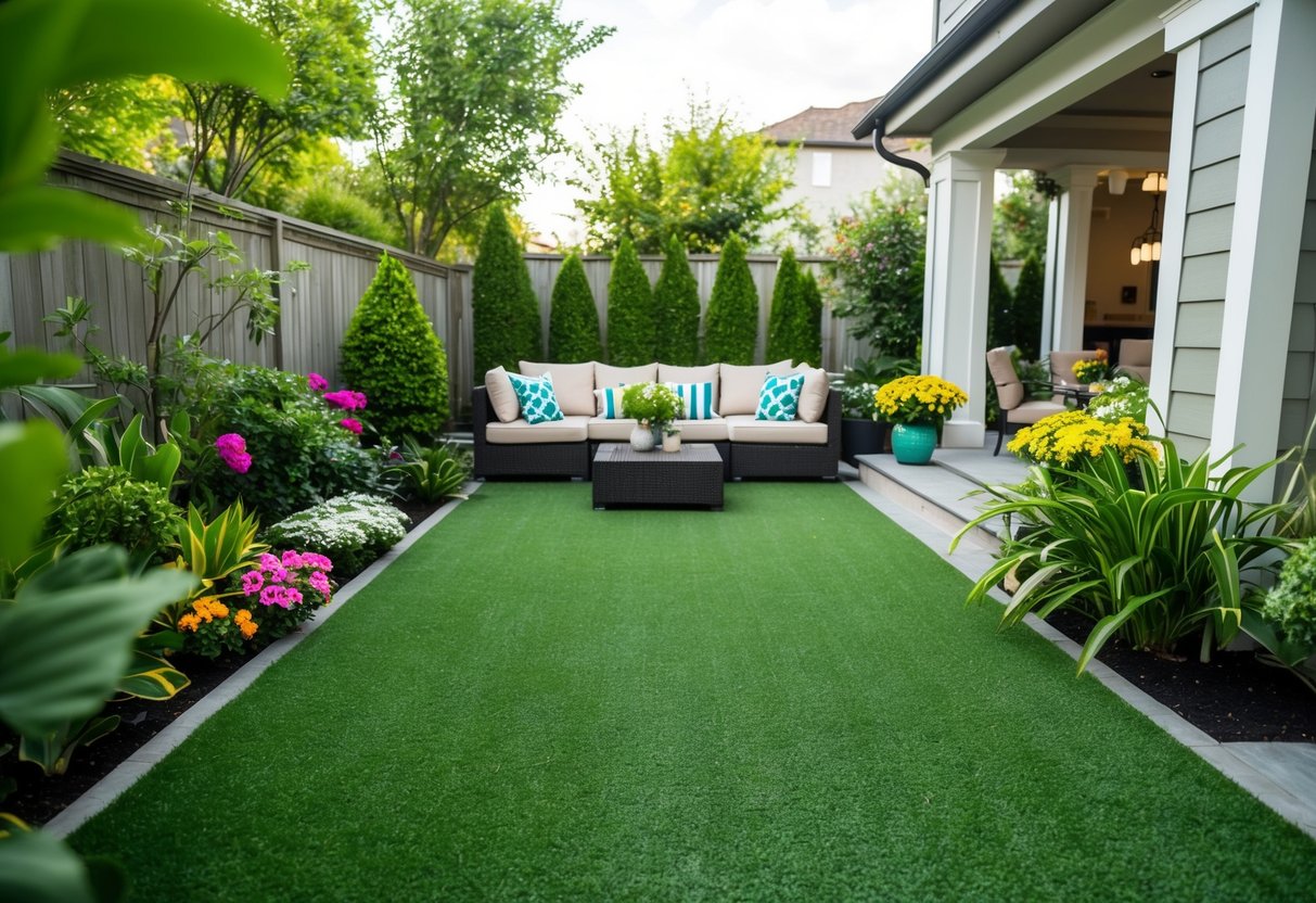 A lush backyard with neatly trimmed artificial turf, surrounded by vibrant flowers and a cozy seating area, creating a serene and low-maintenance outdoor space