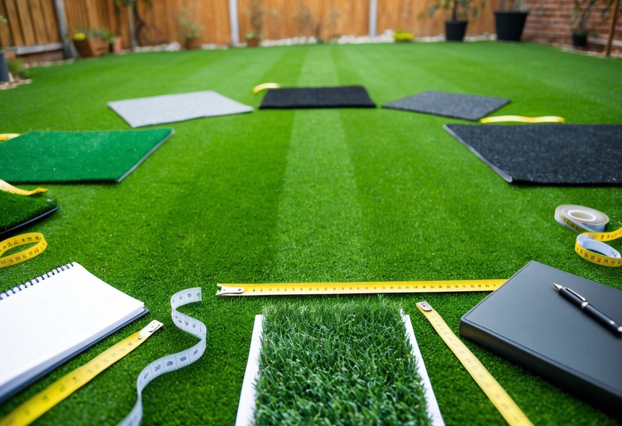 A backyard with various types of artificial turf samples laid out on the ground, surrounded by measuring tape, a notebook, and a pen