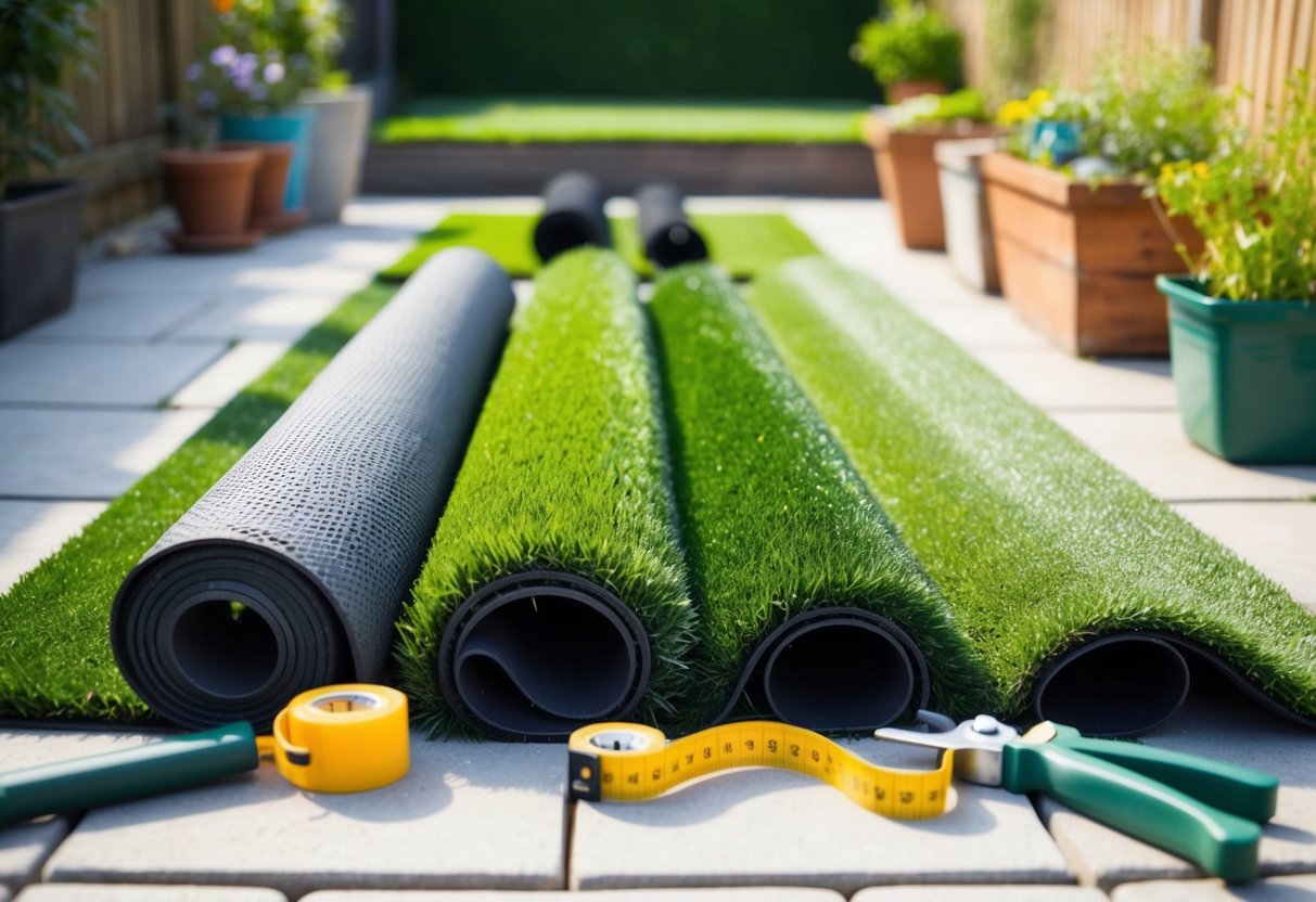 A backyard with various types of artificial turf samples laid out on the ground, surrounded by gardening tools and a measuring tape