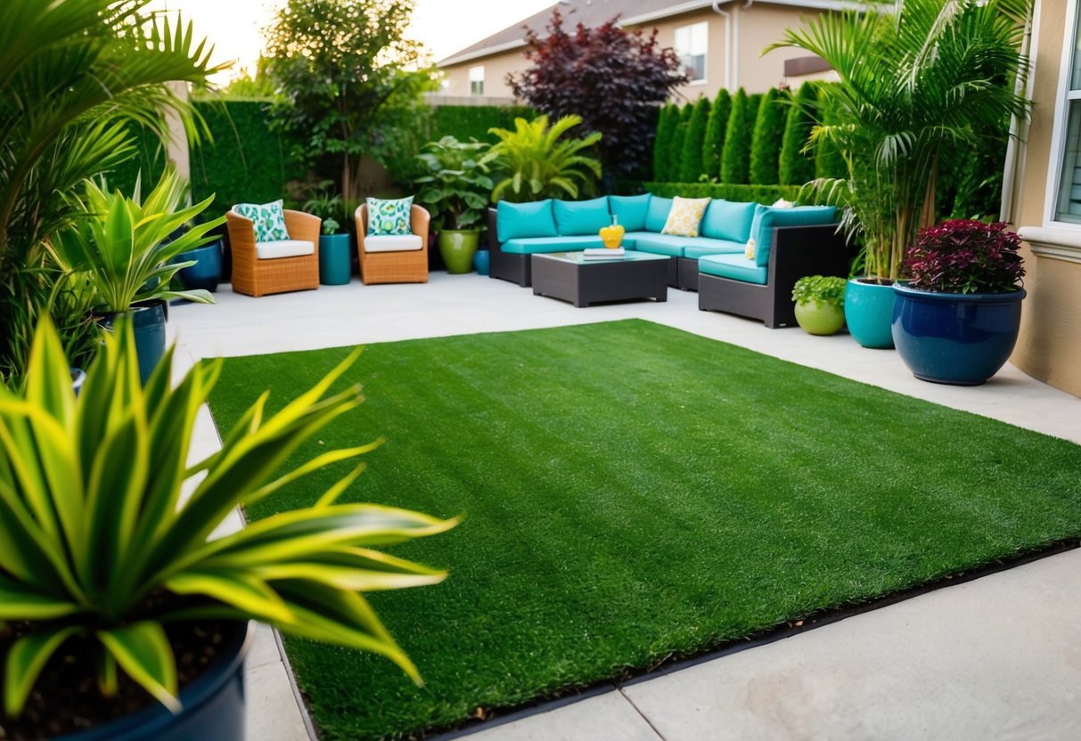 A lush backyard with neatly trimmed artificial turf, surrounded by vibrant green plants and a comfortable seating area for outdoor relaxation