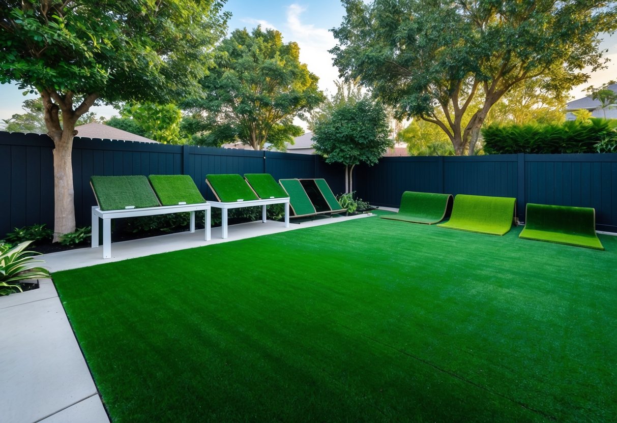 A backyard with lush, vibrant artificial turf, surrounded by trees and a fence. A variety of turf samples are displayed on a nearby table