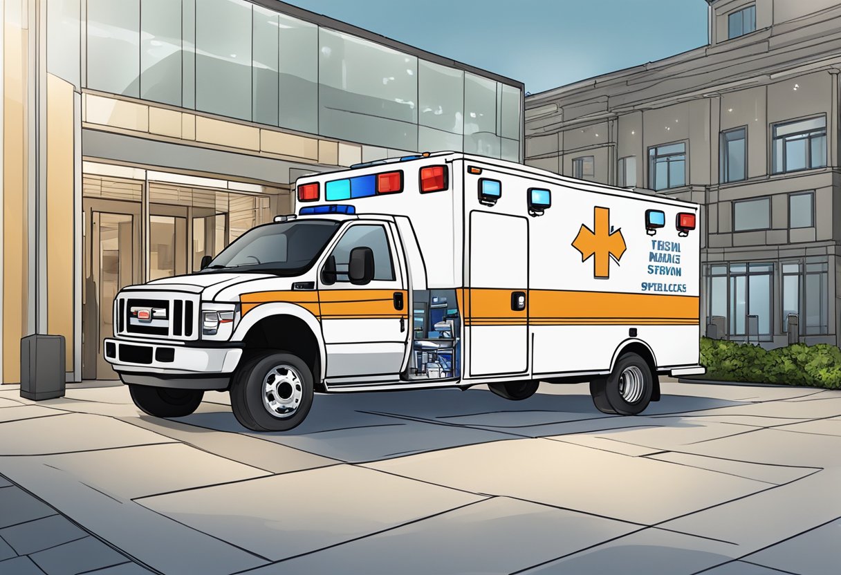Quanto Custa Alugar uma Ambulância para Eventos: Fatores a Considerar 4 Uma ambulância estacionada do lado de fora de um local de evento, com equipamentos médicos visíveis através das portas traseiras abertas.