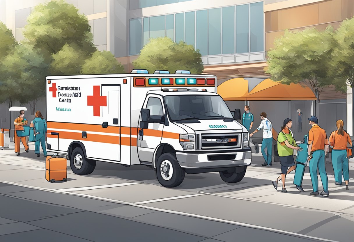 Quanto Custa Alugar uma Ambulância para Eventos: Fatores a Considerar 5 Uma ambulância totalmente equipada estacionada do lado de fora de um grande local de eventos, com a equipe do evento descarregando suprimentos médicos e montando uma estação de primeiros socorros nas proximidades.