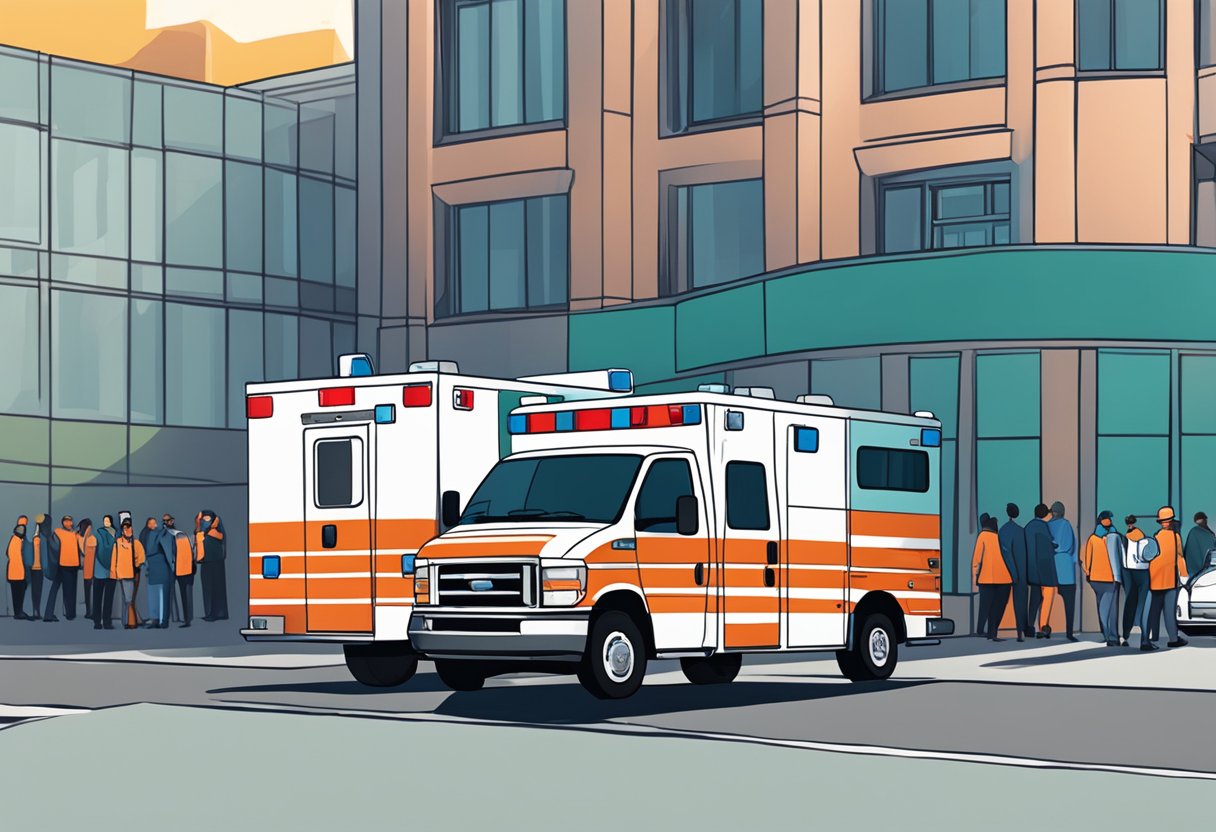 Quanto Custa Alugar uma Ambulância para Eventos: Fatores a Considerar 6 Uma ambulância estacionada do lado de fora de um local de evento, com paramédicos de prontidão e as luzes do veículo piscando.