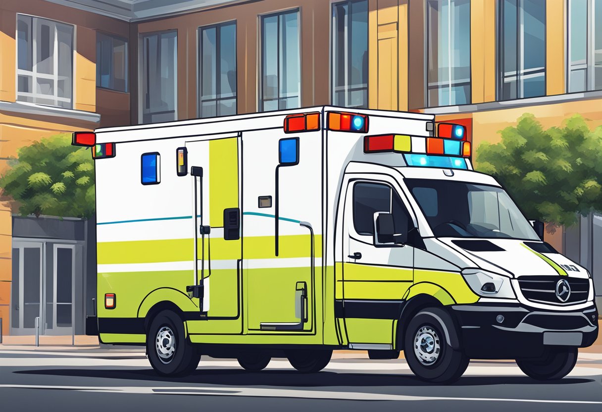 Quanto Custa Alugar uma Ambulância para Eventos: Fatores a Considerar 8 Uma ambulância brilhante e moderna estacionada em frente a um local de evento, com paramédicos próximos discutindo logística.