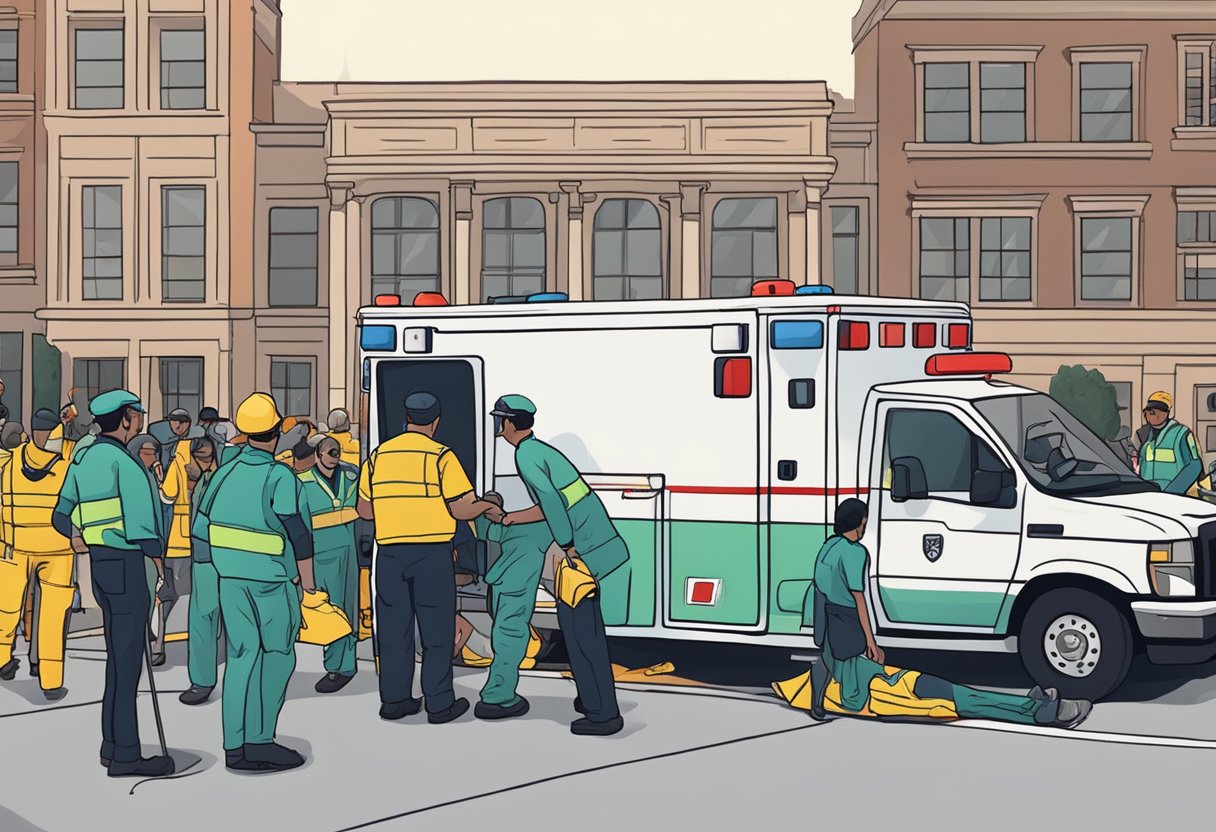 Uma ambulância estacionada do lado de fora de um local de evento lotado, com paramédicos atendendo a um paciente em uma maca.