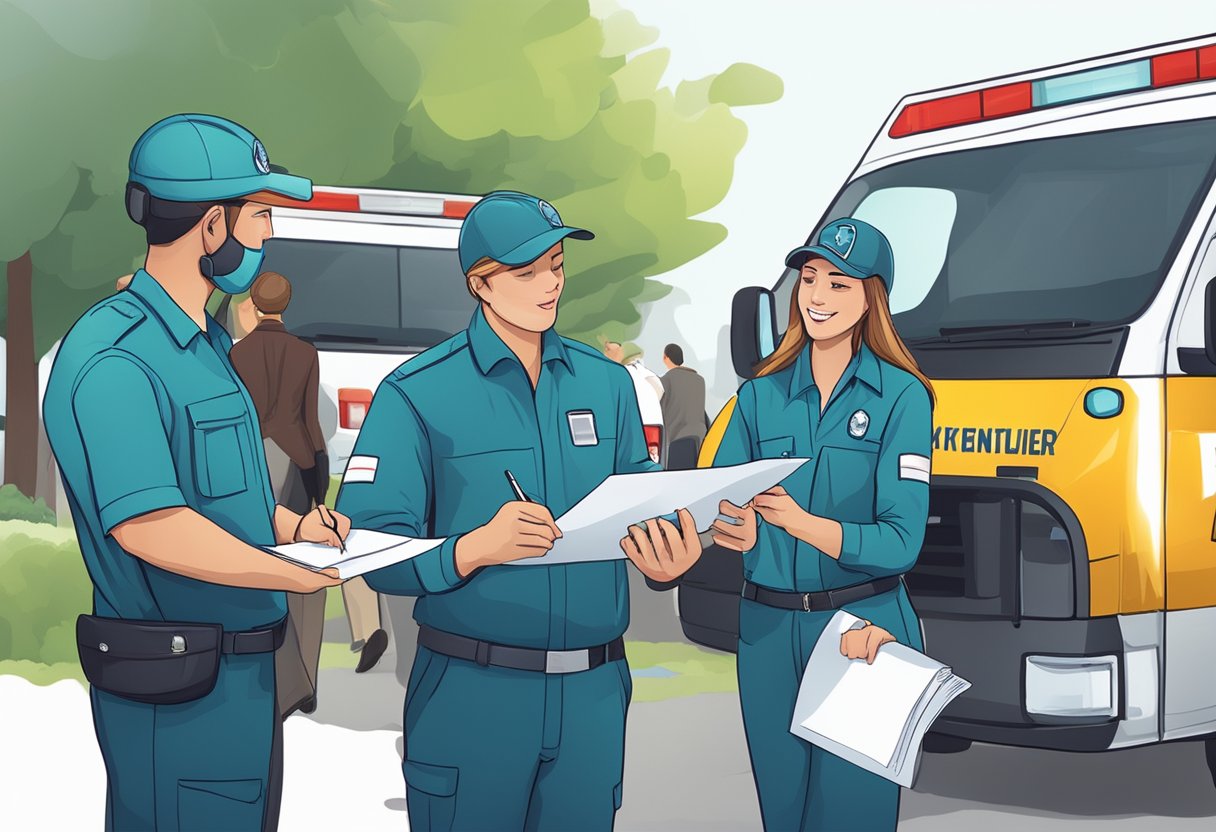 Um grupo de organizadores de eventos discutindo e assinando um contrato com um prestador de serviços de ambulância profissional