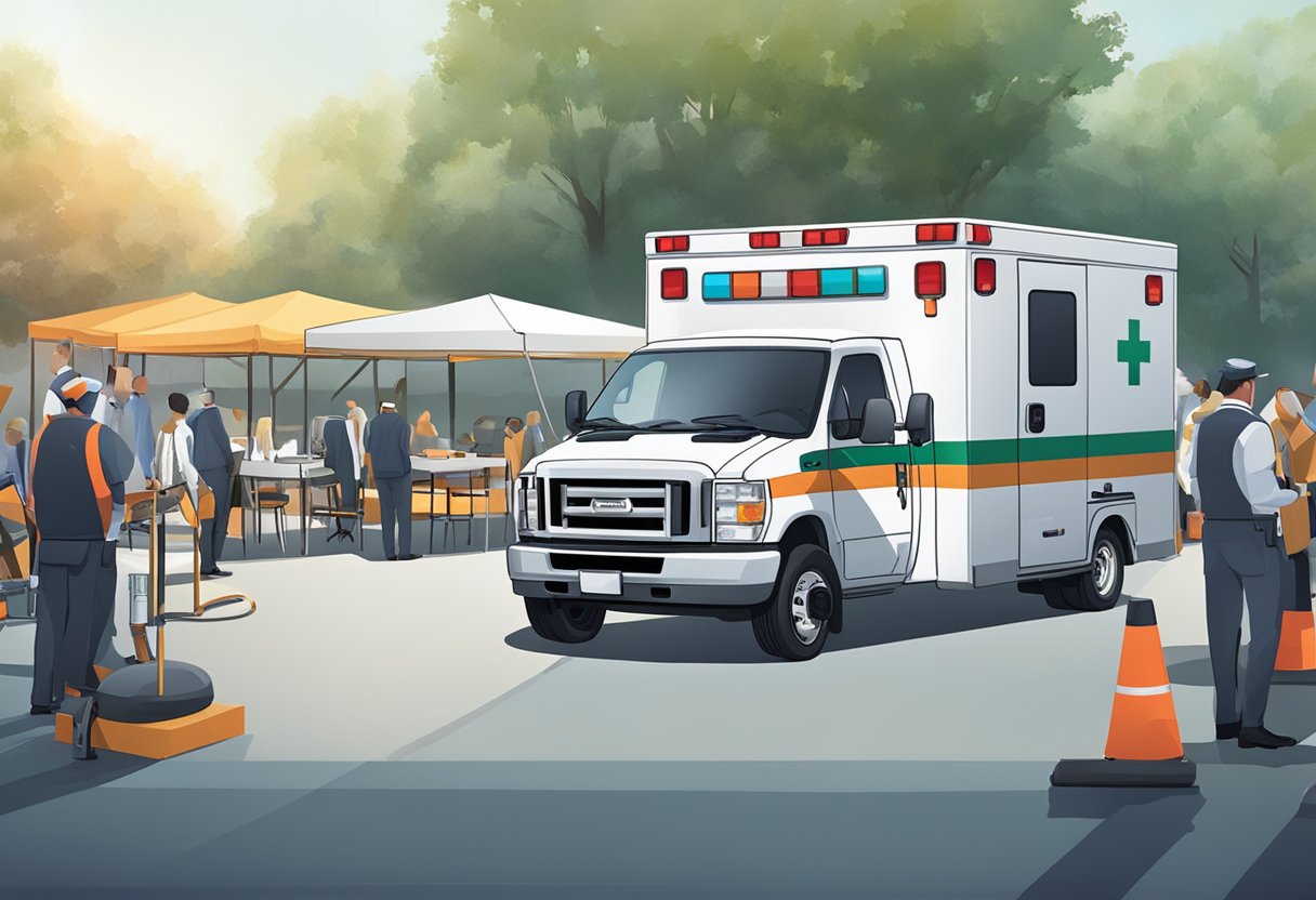Uma ambulância estacionada em um evento, com equipamentos e tecnologia médica visíveis dentro.
