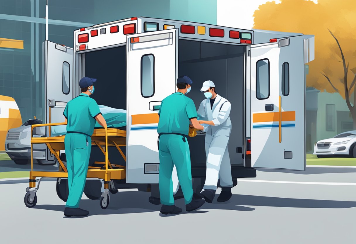 Uma equipe de profissionais de saúde carregando equipamentos médicos em ambulâncias para serviços de eventos.