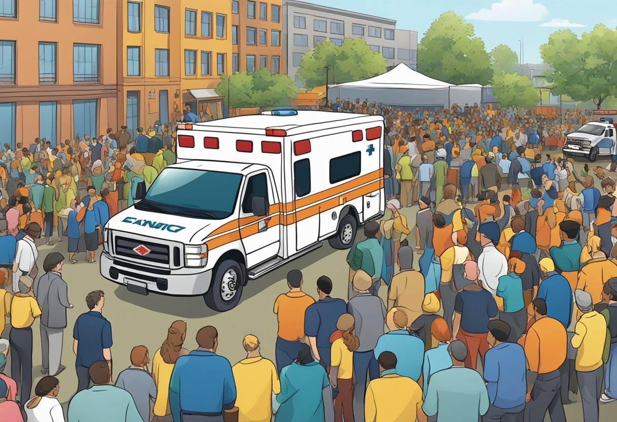 Um local de evento lotado com uma ambulância estacionada do lado de fora, cercada por espectadores preocupados e equipe do evento.