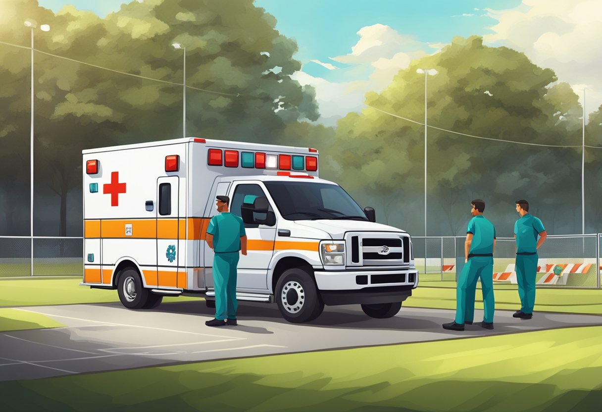 Uma ambulância estacionada perto de um campo esportivo, com paramédicos de prontidão, prontos para responder a quaisquer emergências médicas durante o evento.