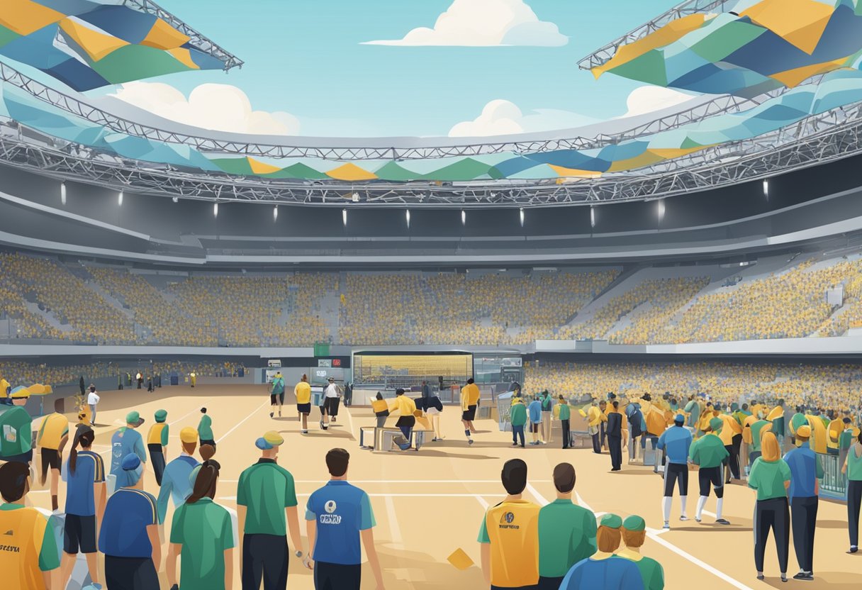 Um evento esportivo com sinalização indicando solicitação de ambulância, em conformidade com a legislação e regulamentos atuais.