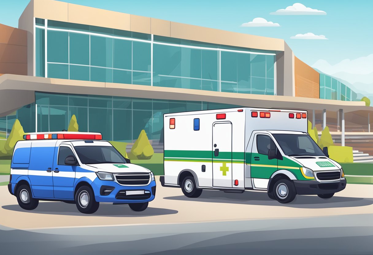 Contratação de serviço de ambulância para evento esportivo. Ilustração: Ambulância estacionada do lado de fora do estádio esportivo com sinalização do evento.