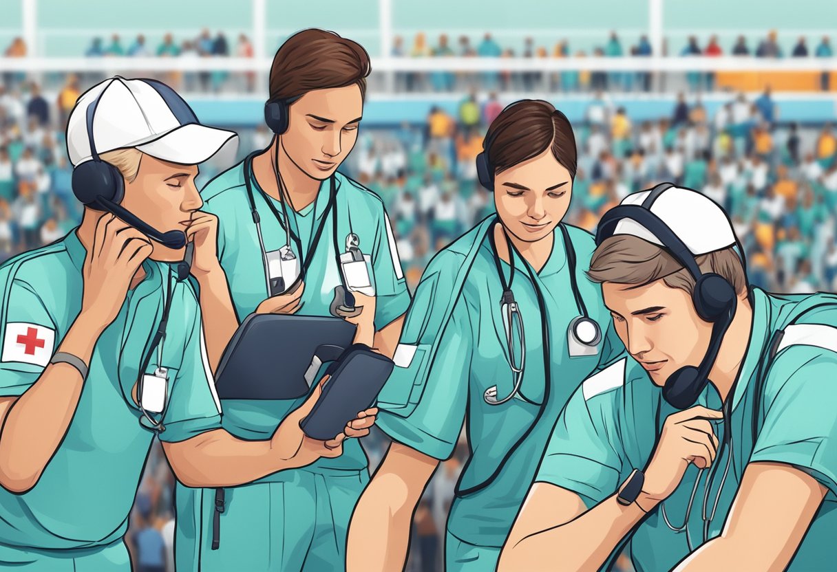 Uma equipe médica solicita uma ambulância em um evento esportivo