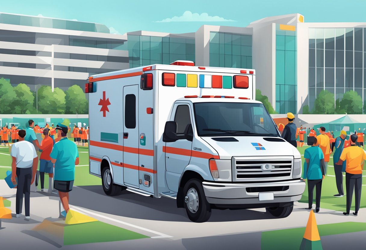 Uma ambulância estacionada em um evento esportivo, com equipamentos médicos e pessoal prontos para responder a qualquer emergência.