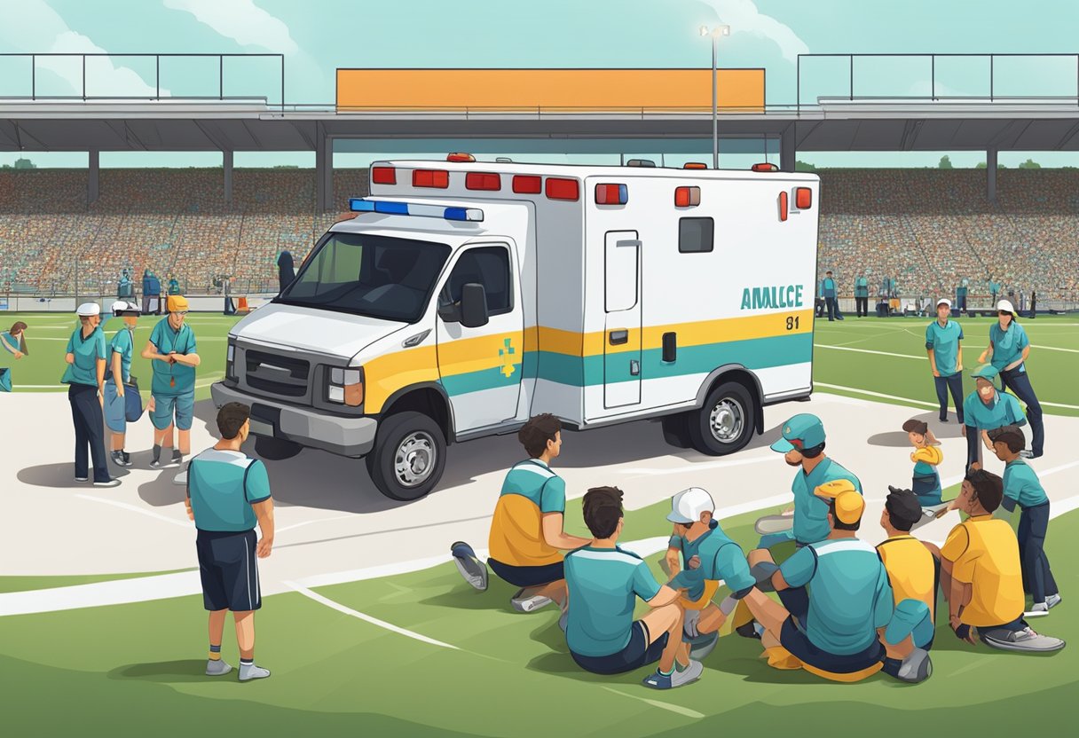 Uma ambulância estacionada perto de um campo esportivo, com paramédicos atendendo a um atleta ferido enquanto os espectadores observam.