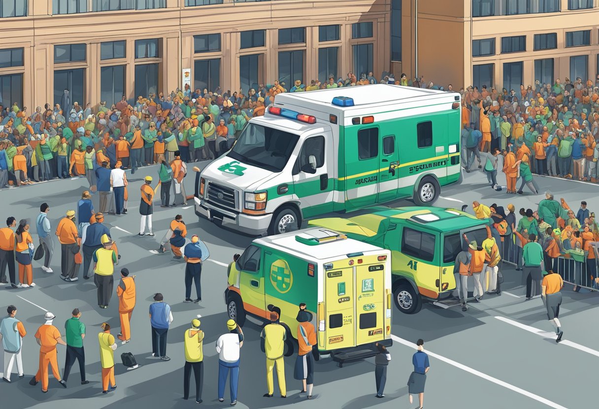 Um evento esportivo com espectadores, uma equipe médica e uma ambulância estacionada nas proximidades, enquanto os oficiais discutem aspectos legais e de conformidade.