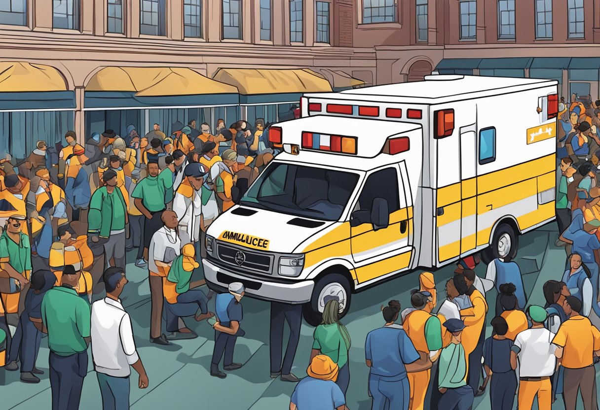 Uma ambulância estacionada do lado de fora de um local de evento lotado, com luzes de emergência piscando e paramédicos atendendo a um paciente em uma maca.