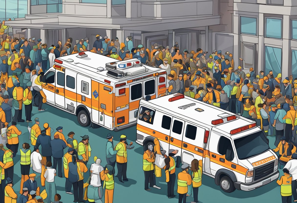 Uma ambulância estacionada do lado de fora de um evento lotado, com paramédicos assistindo alguém em uma maca.