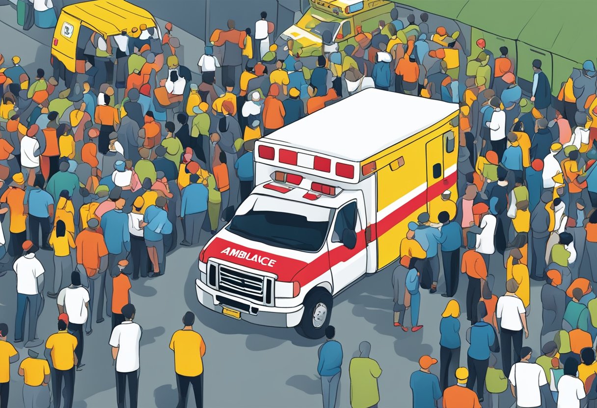 Uma ambulância estacionada em um evento lotado com funcionários realizando gestão de riscos e planejamento.