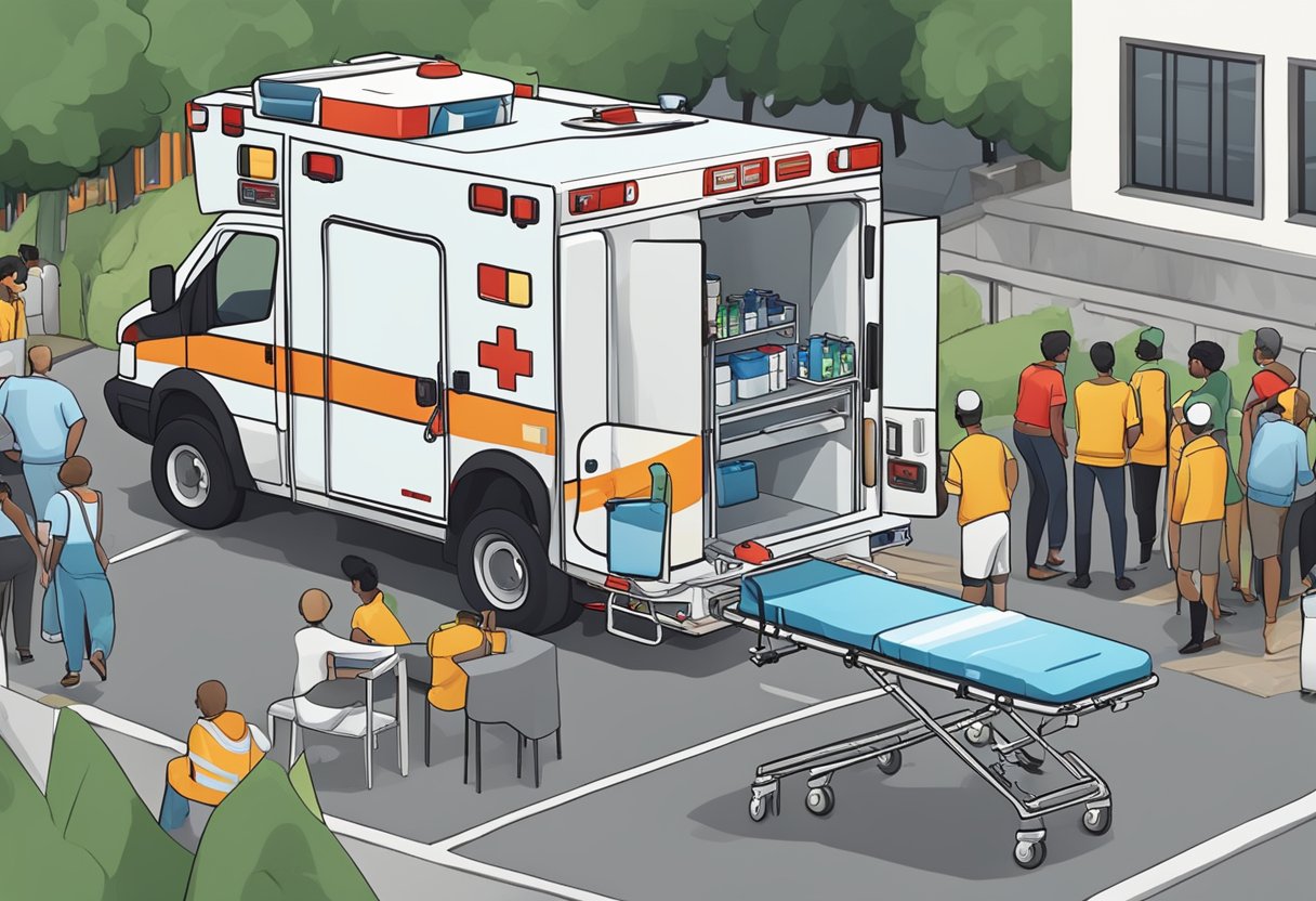 Uma ambulância estacionada em um evento ao ar livre, equipada com suprimentos médicos e uma maca. Próximo, um desfibrilador e um cilindro de oxigênio são visíveis.
