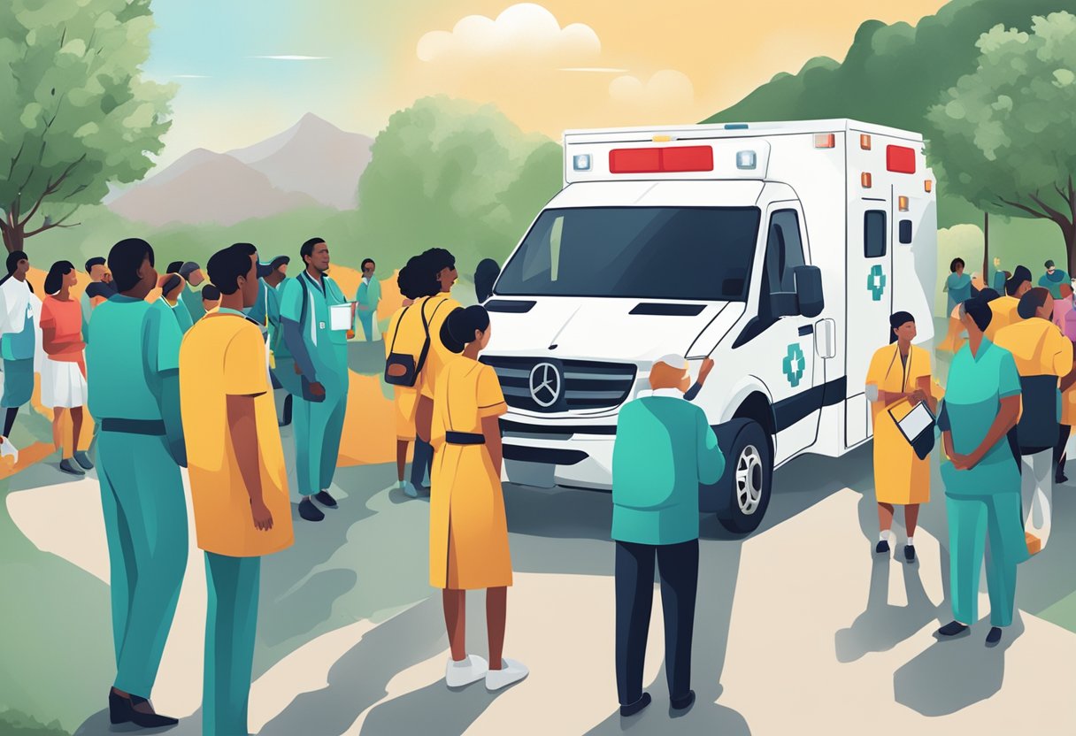 Uma equipe médica em um evento ao ar livre com uma ambulância próxima