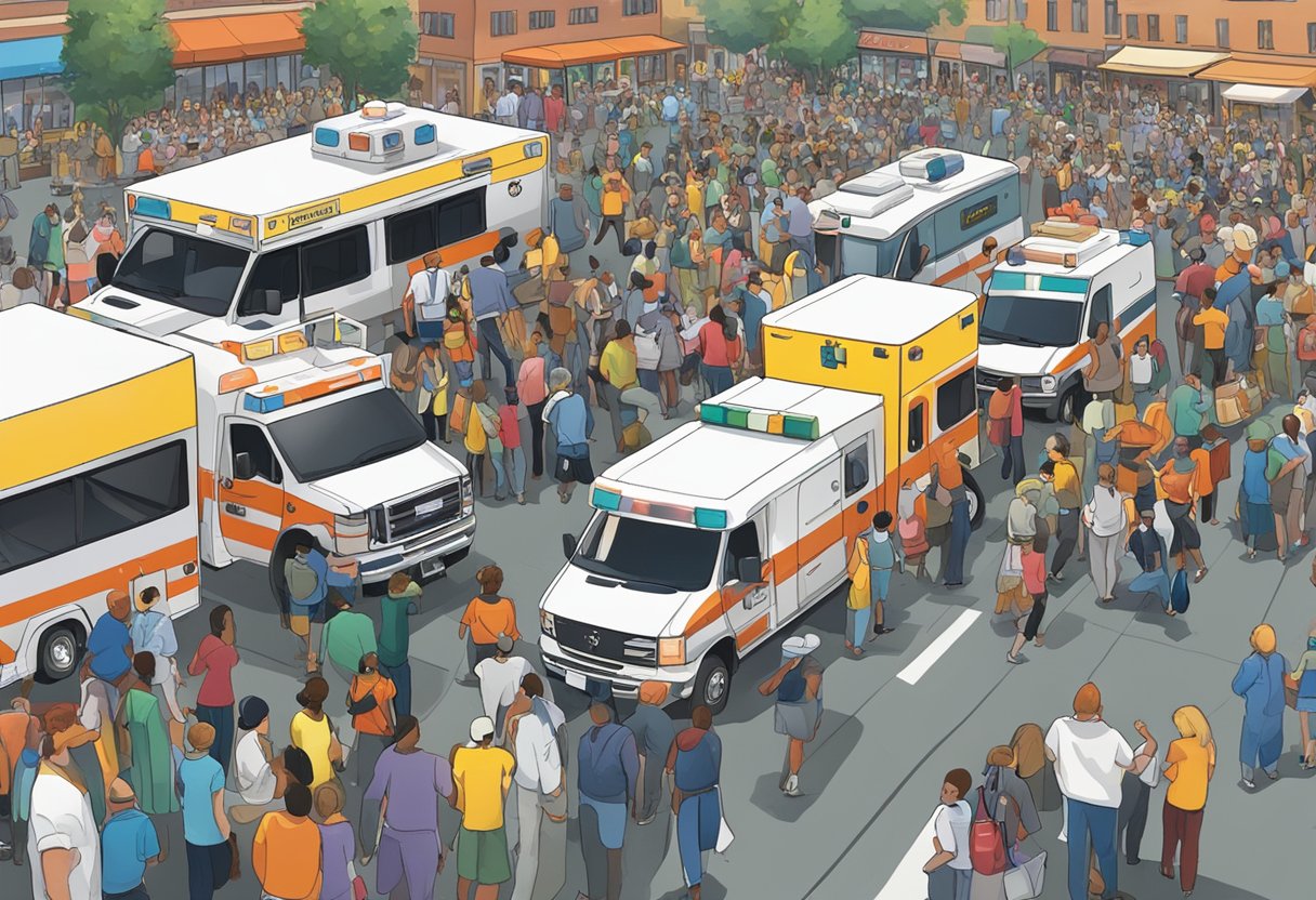 Um evento movimentado com uma ambulância estacionada nas proximidades, pronta para fornecer assistência médica. Uma multidão de pessoas e vendedores pode ser vista ao fundo.