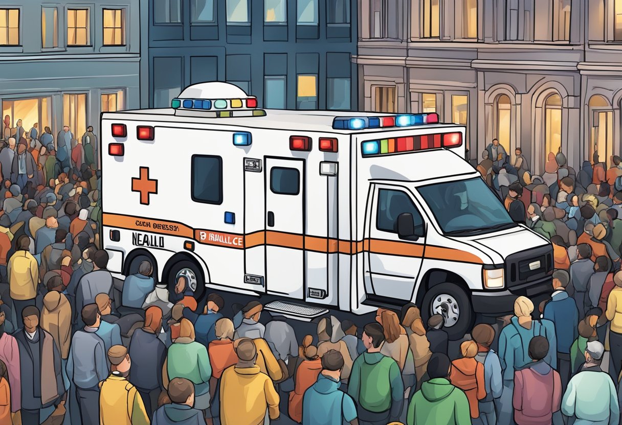 Uma ambulância estacionada em um evento lotado, com luzes de emergência piscando e equipamentos médicos visíveis através das janelas.