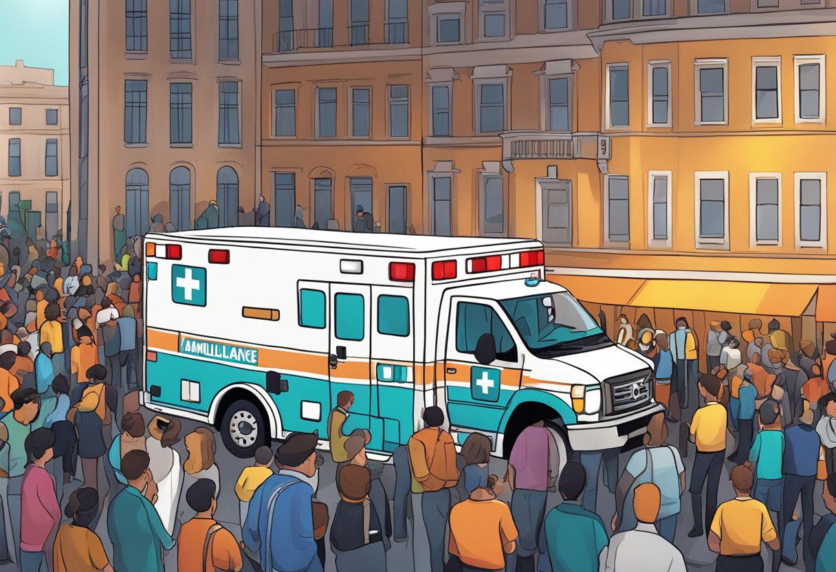 Uma ambulância estacionada em um evento lotado, com pessoas circulando e luzes de emergência piscando.