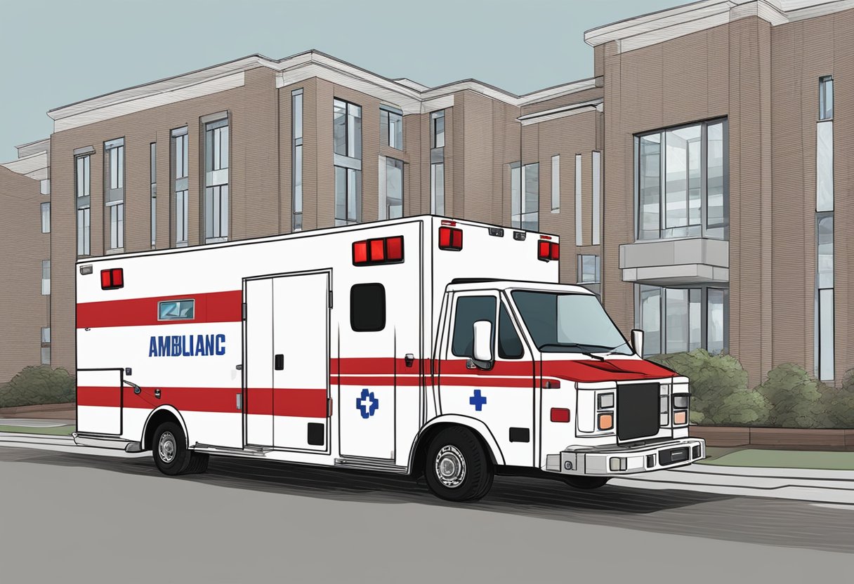 Uma ambulância psiquiátrica estacionada do lado de fora de um hospital, suas luzes vermelhas e brancas piscando, com uma equipe médica carregando uma maca em direção à entrada.