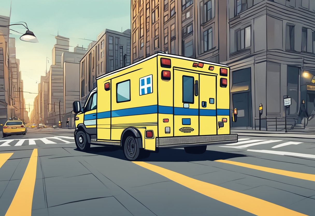 Uma ambulância psiquiátrica correndo pelas ruas da cidade com luzes piscantes e sirenes, a caminho de uma emergência de saúde mental.