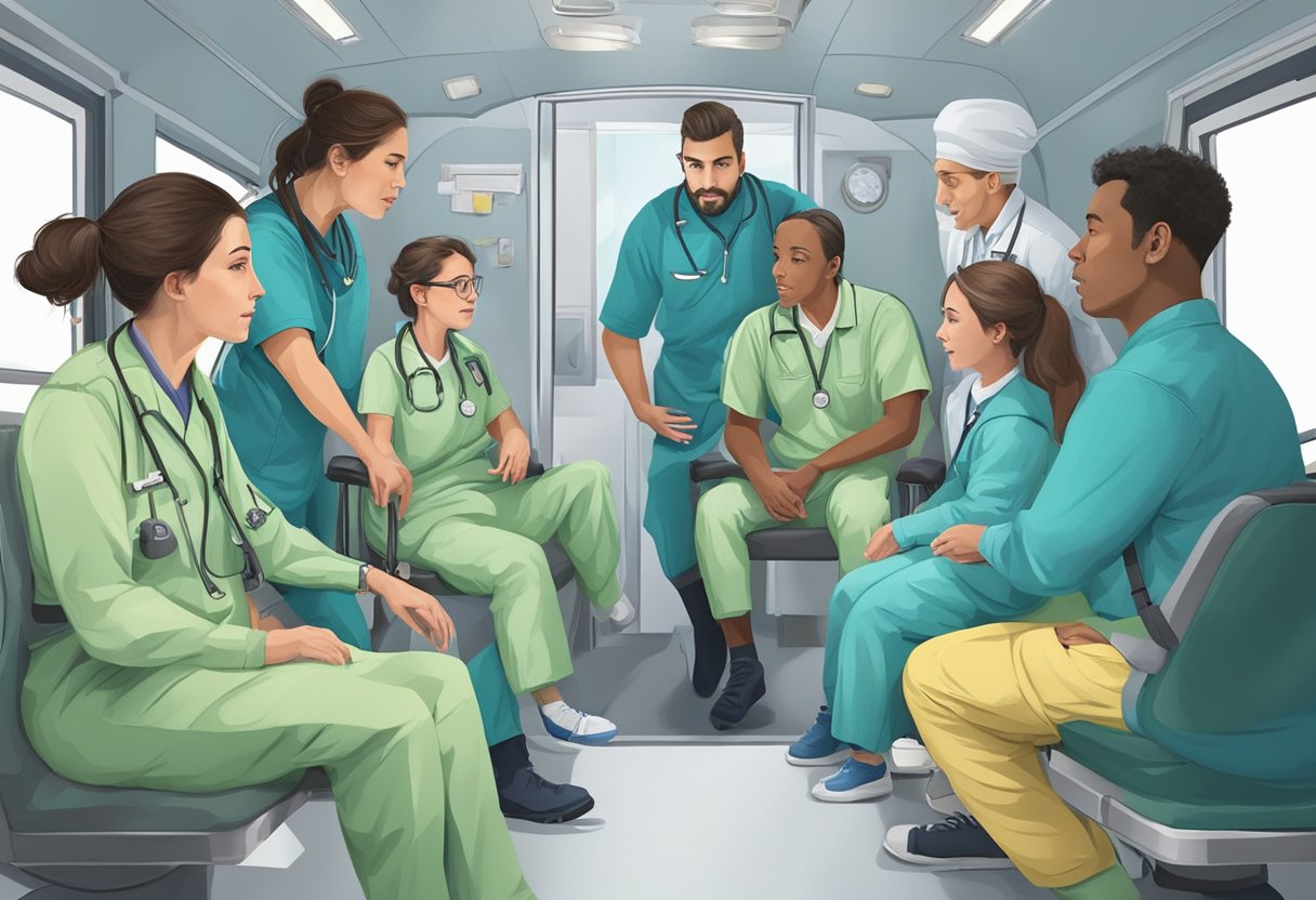 Uma equipe de profissionais em uma ambulância psiquiátrica, prestando cuidados e apoio a um paciente em sofrimento