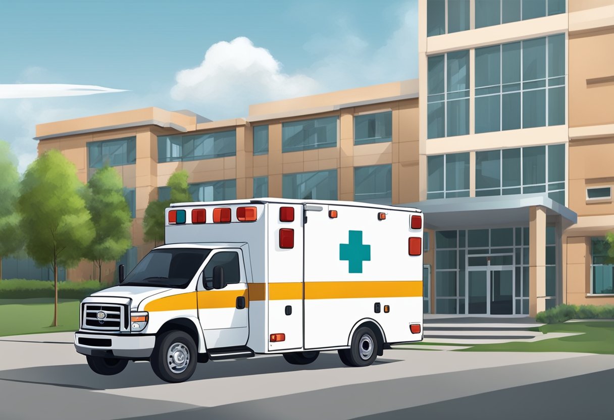 Uma ambulância estacionada do lado de fora de uma instalação psiquiátrica, com equipamentos médicos e pessoal prontos para possíveis tratamentos e intervenções.