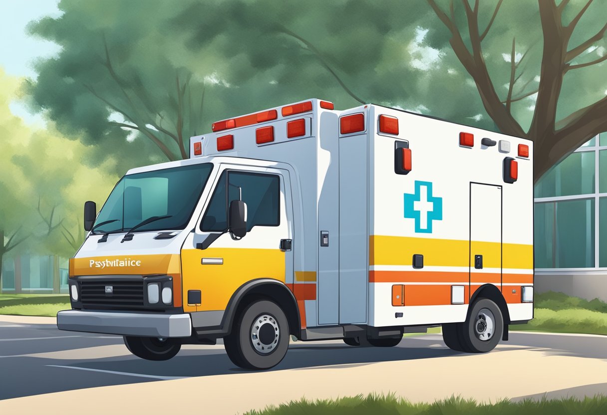 Uma ambulância psiquiátrica estacionada do lado de fora de um hospital, cercada por um ambiente calmo e sereno, com árvores e um céu limpo.